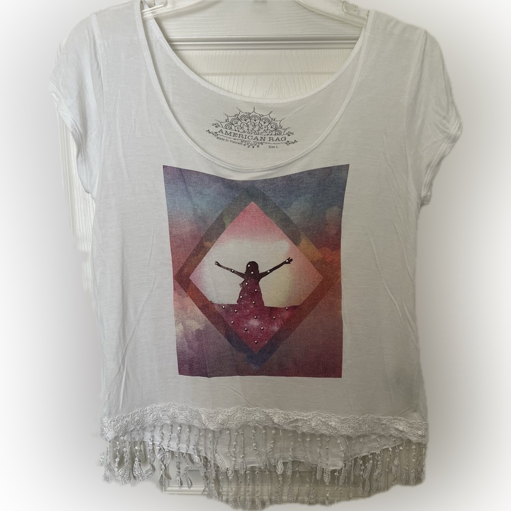 American Rag White Graphic Short Sleeve Tee with Embroidered Fringe